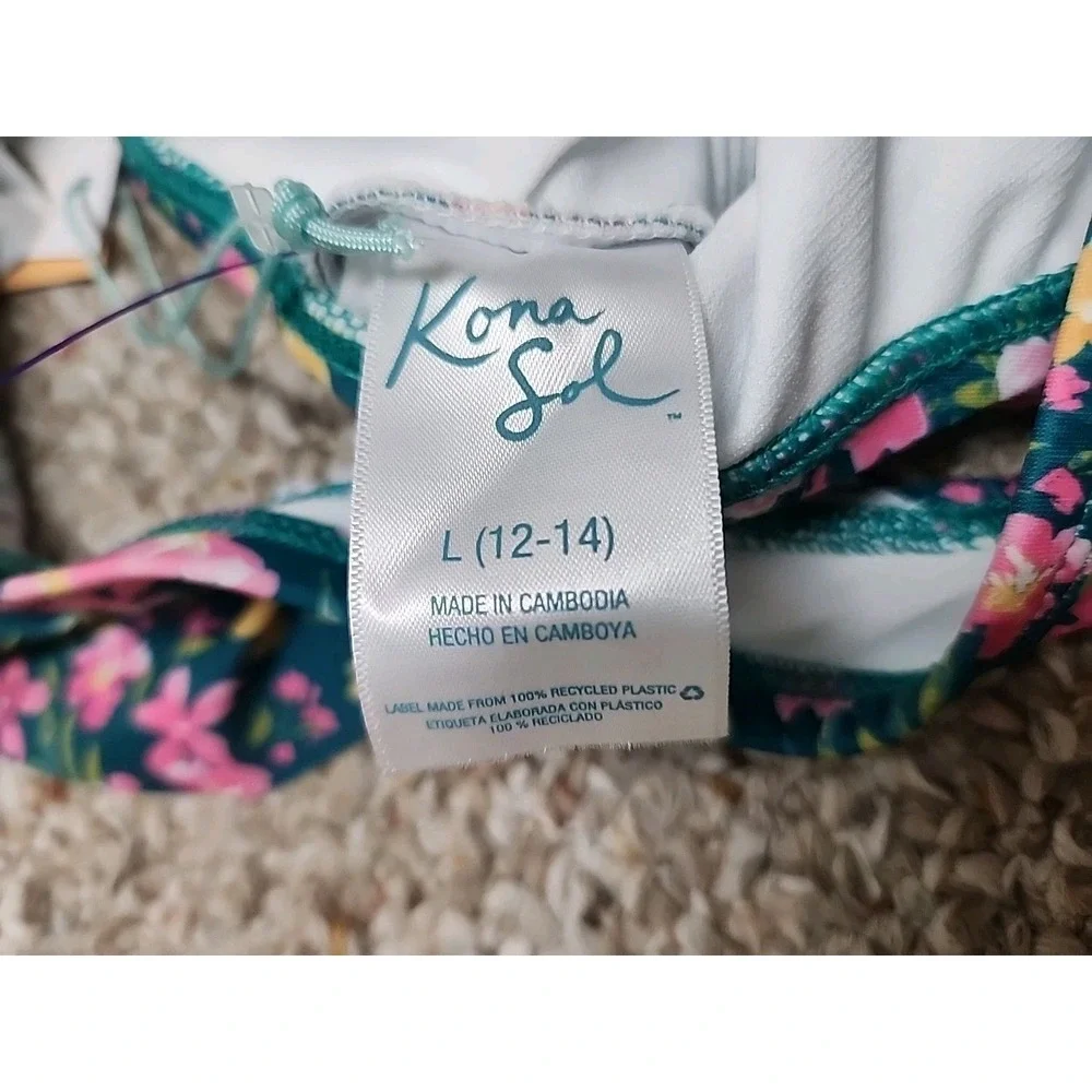 Kona Sol Green Pink Yellow Floral Deep V One Piece Bathing Swim Suit Large NWT